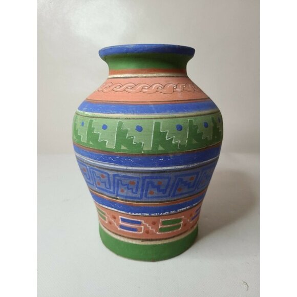 VINTAGE Mexican Pottery Opaque Vase Pot Tonala Region Aztec Mayan Folk Art 8"